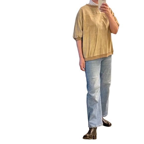 Vintage 80s Suede Tan Leather Oversized Boxy Drop Shoulder Short Sleeve Top L OS - Picture 1 of 16
